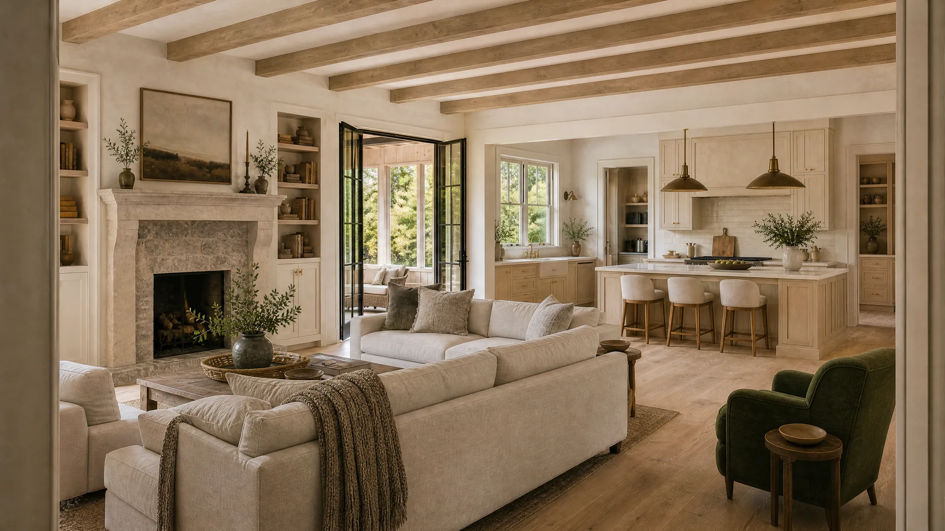 Great Room and Kitchen, shown in the Quiet Limestone material story
